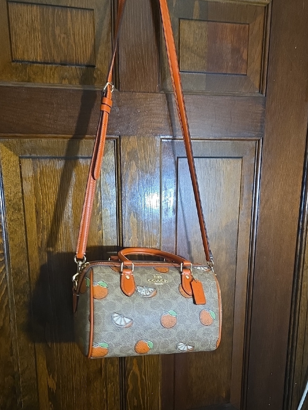 Coach Brown Signature Mini Satchel with Orange Motif and Tan Trim